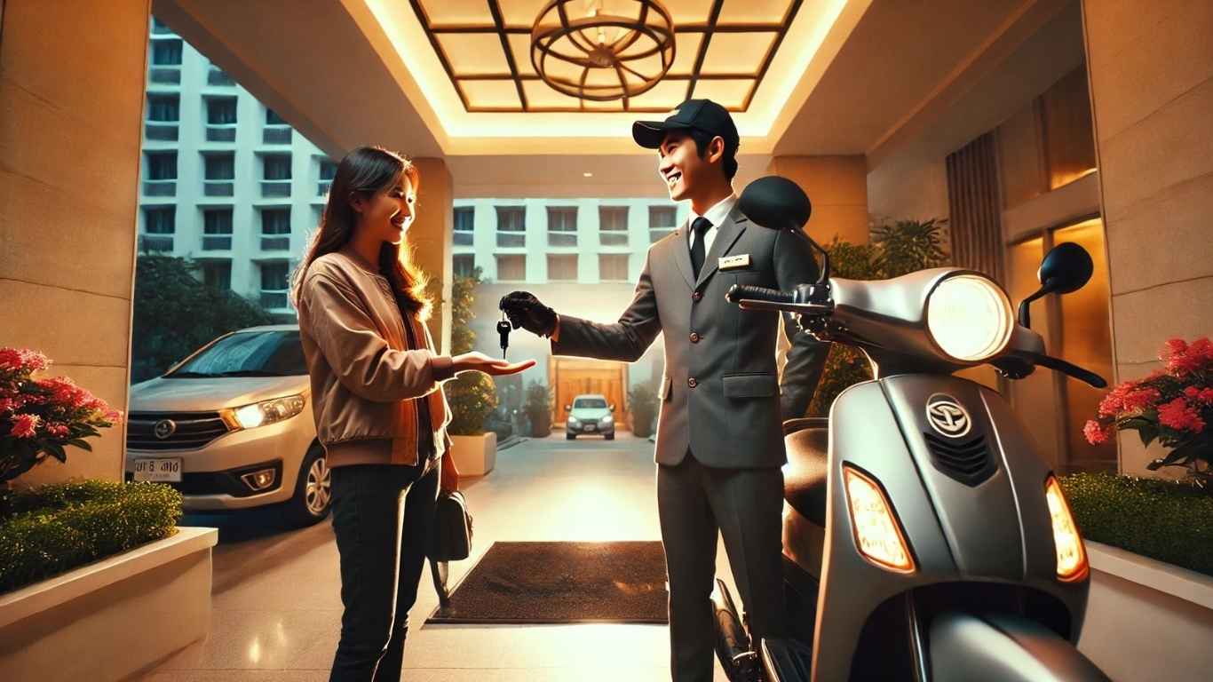 khách hàng nhận chìa khóa thuê xe máy tay ga long xuyên an giang tại khách sạn