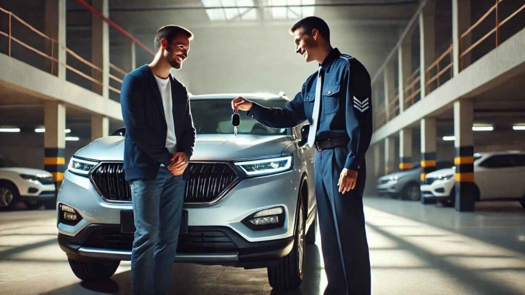 khách hàng nhận lại chìa khóa xe từ nhân viên giữ xe ô tô cần thơ bích long
